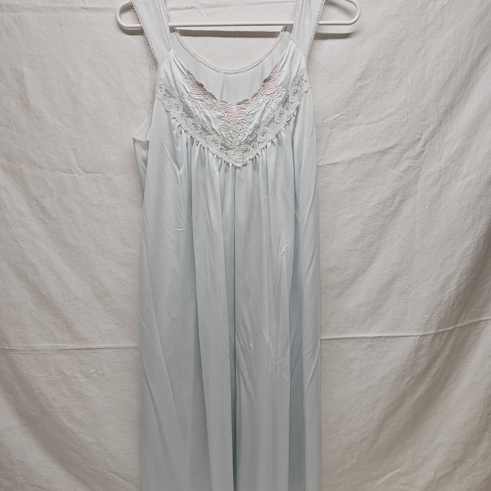Vintage Lorraine Blue Satin Nylon Nightgown Lingerie Short Sleeve Lot 2 Size M